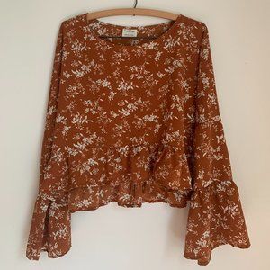 Brown & White Floral Flowy Top with Bell-Sleeves, Size medium, NWT